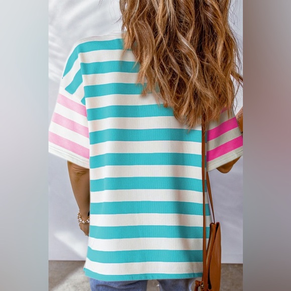 Blue Pink Stripe Contrast Patch Pocket Drop Sleeve T Shirt NWT - Picture 2 of 4